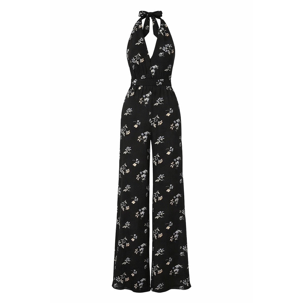 NWT Abercrombie & Fitch‎ Floral Halter Wide Leg Jumpsuit XS Black Tie Neck